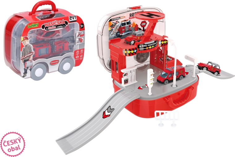 Remiza strażacka w walizce z autami i helikopterem