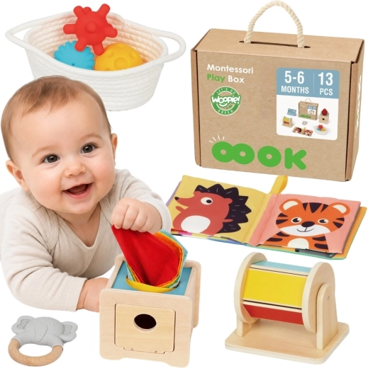 Woopie Green Montessori sensoryczny box 6 w 1 dla dzieci od 5 do 6 miesięcy – 13 szt.