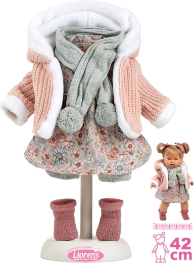 Ubranko dla lalki 42 cm – różowy dziergany zestaw z szalikiem i spódnicą