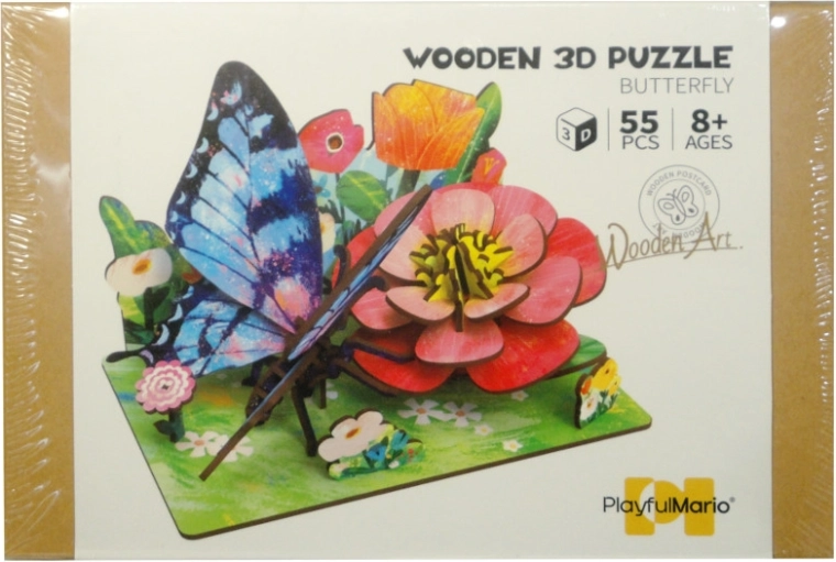 Drewniane puzzle 3D DIY – łąka z motylem i kwiatami