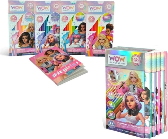 Zestaw piśmienniczy – pastelowe, klasyczne, neonowe i metaliczne kredki + zeszyt