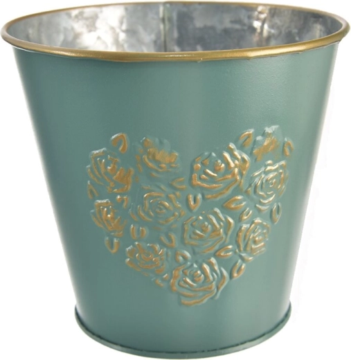 Dekoracyjna metalowa osłonka/doniczka w kształcie serca zielono-złota 14 × 14 × 15 cm