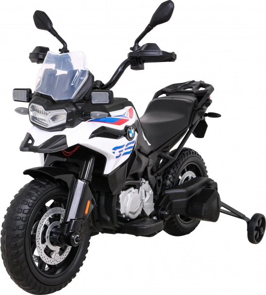 Dziecięcy motocykl elektryczny BMW F850 GS z kółkami pomocniczymi, LED i audio