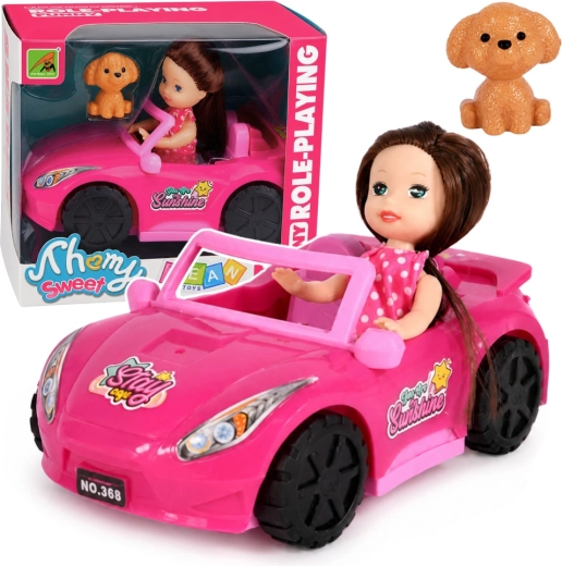 Mini lalka w różowym kabriolecie z pieskiem