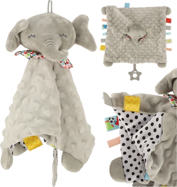 Zabawka sensoryczna szeleszczący słoń z kolorowymi metkami