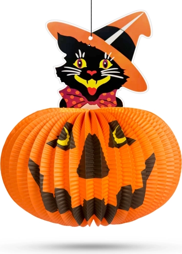 Papierowy lampion halloweenowy w kształcie dyni z motywem kota – 1 sztuka