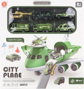 Samolot z rozkładaną garażem i wojskowymi autkami