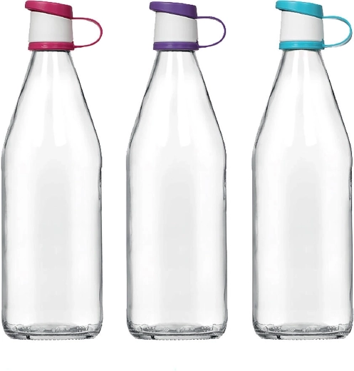 Szklana butelka 1 l z plastikową zakrętką, mix kolorów