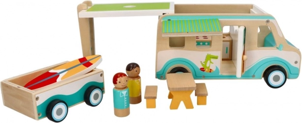 Drewniana przyczepa kempingowa z przyczepką i akcesoriami