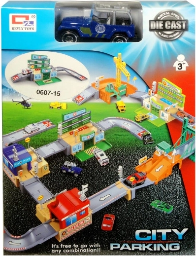 Miejskie parkingi z metalowym autkiem i akcesoriami