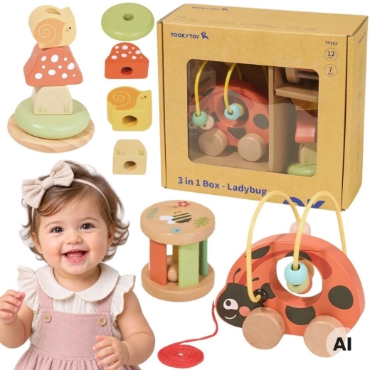 Drewniany edukacyjny zestaw biedronka 3 w 1 (8 elementów) TOOKY TOY