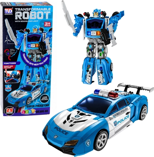 Policyjny robot 2w1 ze sportowym radiowozem, światła, dźwięki i wyrzutnia – 29 elementów
