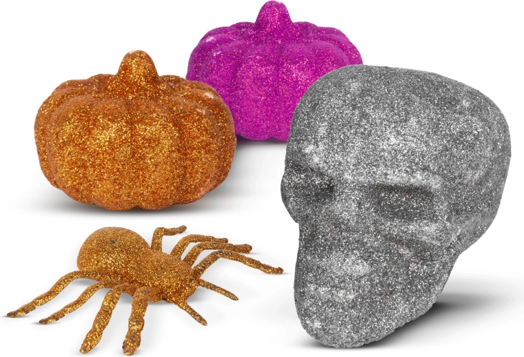 Brokatowy halloweenowy zestaw dekoracyjny z pająkiem, czaszką i dyniami