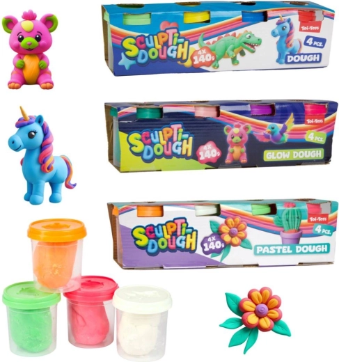 Plastelina 4×140 g w kubeczku – klasyczna, pastelowa lub świecąca