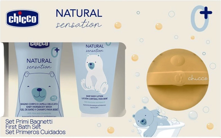 Zestaw prezentowy kosmetyków Chicco Natural Sensation z silikonową gąbką do mycia