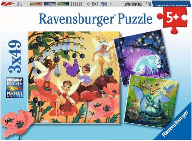 Ravensburger puzzle wróżki, smok i jednorożec – 3×49 elementów