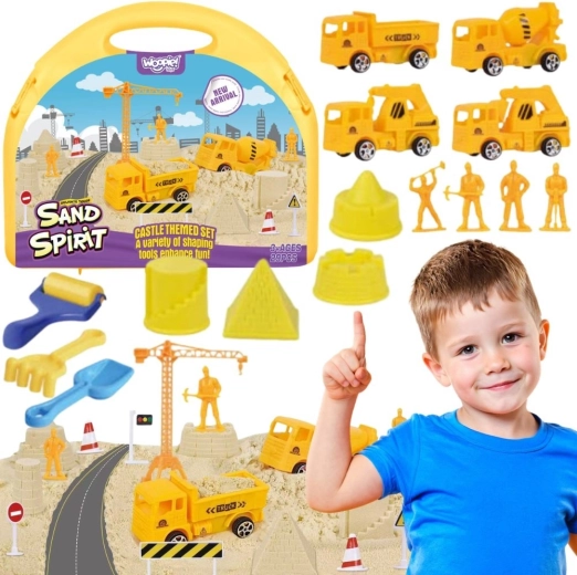Woopie magiczny piasek kinetyczny – plac budowy z dźwigiem i autkami w walizce 2w1
