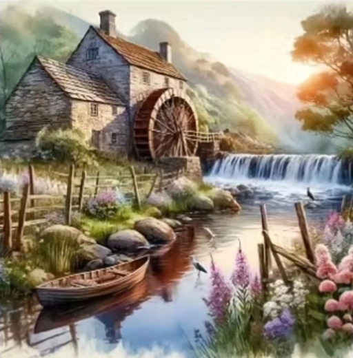 Norimpex malowanie diamentowe młyn na rzece z łódką 30 × 40 cm