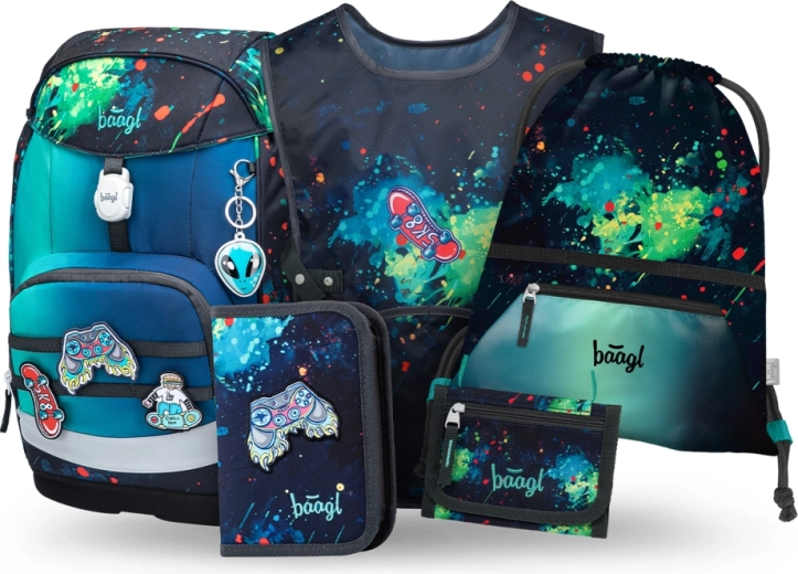 Baagl szkolny zestaw Airy Plus Chill – plecak, piórnik, worek, fartuch i portfel