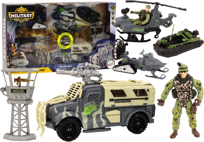 Zestaw wojskowy z pojazdem bojowym i helikopterem