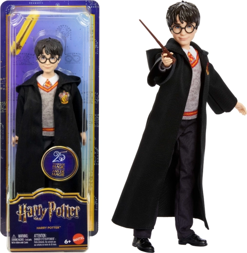 Lalka Harry Potter w szacie z Hogwartu z różdżką