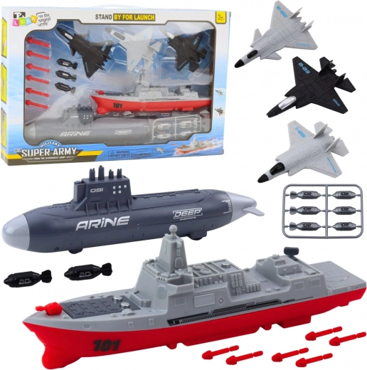 Dziecięcy zestaw wojskowy z lotniskowcem, łodzią podwodną i myśliwcami