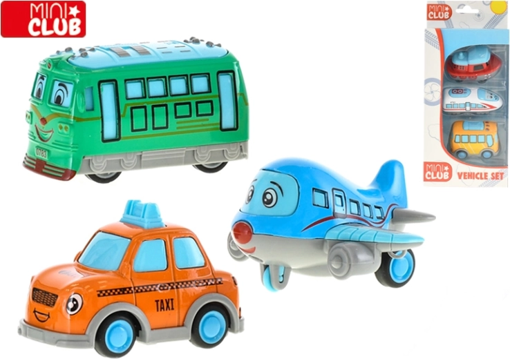 Mini Club zestaw wesołych pojazdów 7 cm – metalowe autka z napędem typu pull-back, 3 szt.