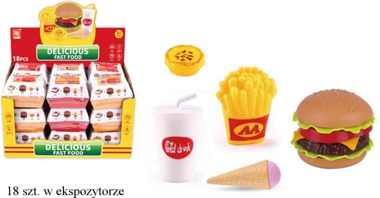 Dziecięcy zestaw fast food – hamburger, frytki, napój i lody