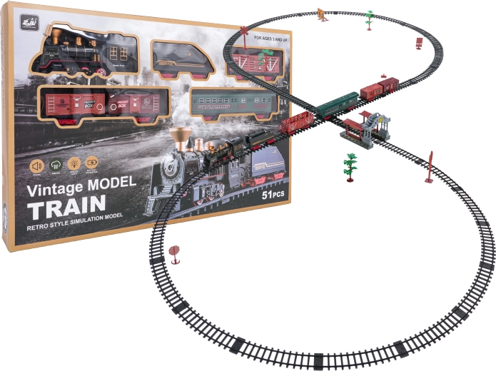 retro pociąg z dymem, światłami i dźwiękami