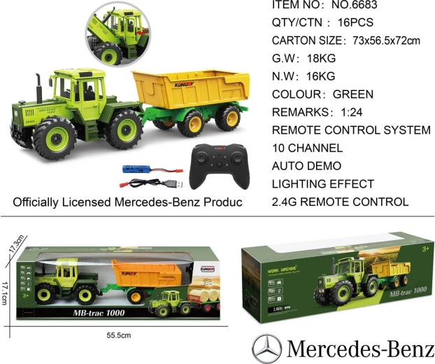 Zdalnie sterowany zielony traktor Mercedes-Benz z żółtą przyczepą w skali 1:24