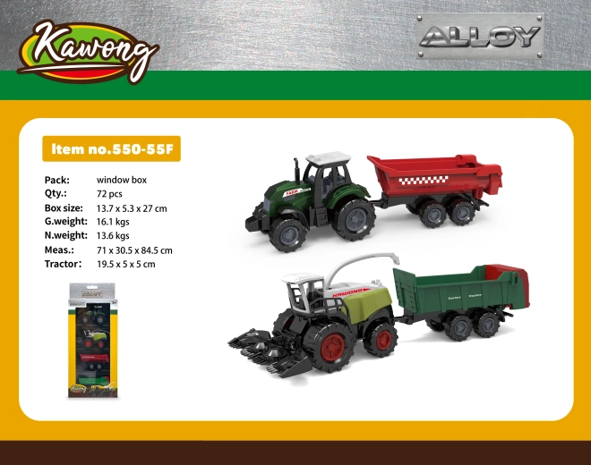 Traktor i kombajn z przyczepami, metal/plastik 19,5 cm