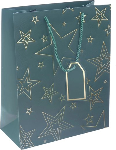 Zielona papierowa torba prezentowa z motywem gwiazdy 26 × 12 × 32 cm
