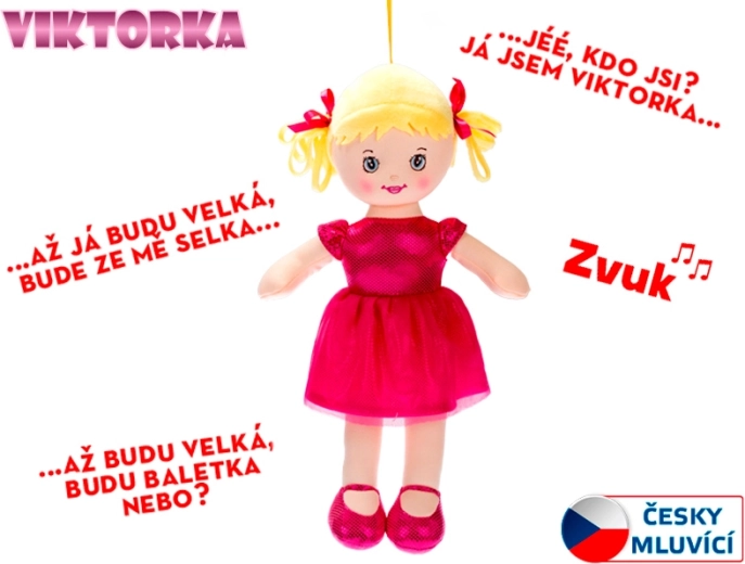 Lalka szmaciana Viktorka 32 cm, mówiąca i śpiewająca, ciemnoróżowa