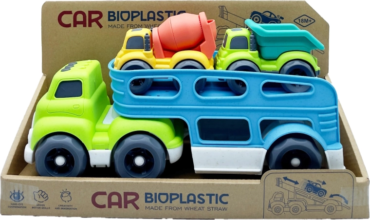 Bioplastowy transporter ciężarowy z 2 autkami (betoniarka i wywrotka) 37 cm