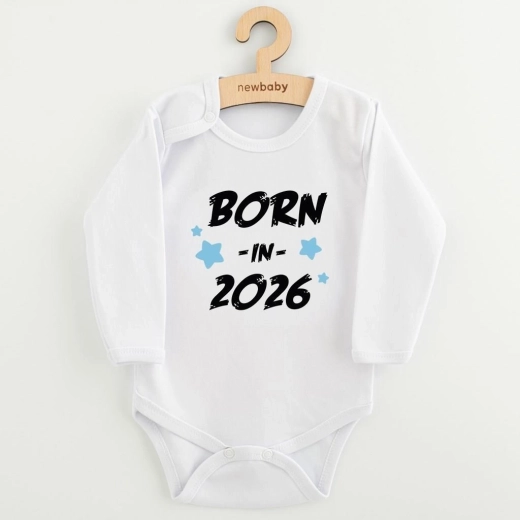 Niebieskie body niemowlęce z długim rękawem New Baby BORN IN 2026, rozmiar 68