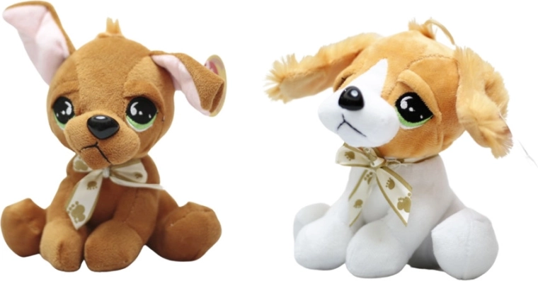 Pluszowy piesek z wielkimi oczami i kokardką