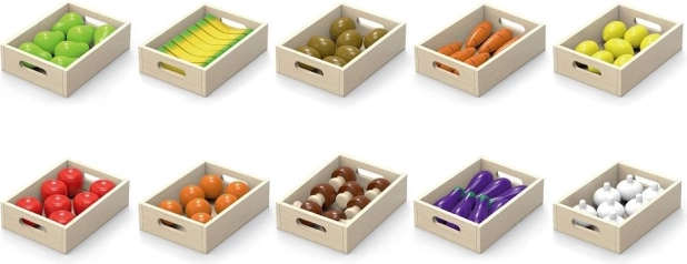 Drewniane owoce i warzywa w skrzynkach Viga