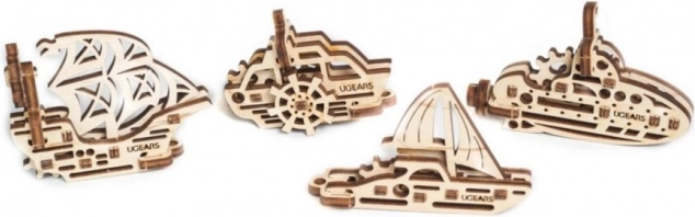 Ugears 3D drewniane mechaniczne puzzle – 4 mechaniczne breloki Statki