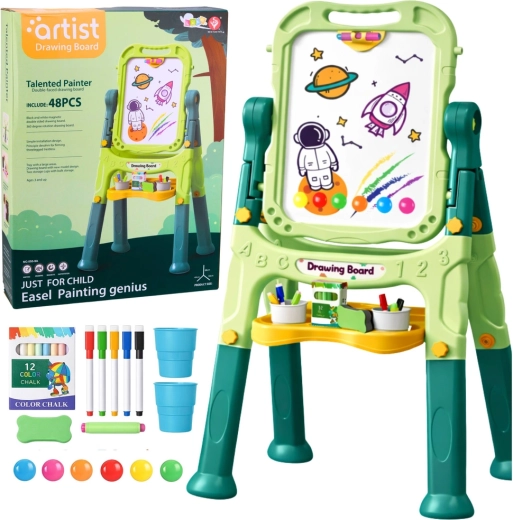 Dwustronna dziecięca tablica magnetyczna i kredowa na stojaku, 48 elementów