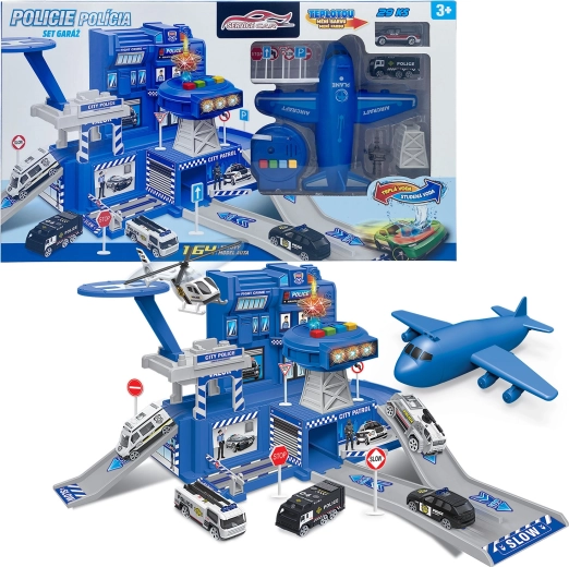 Policyjny garaż z zestawem i samochodem zmieniającym kolor