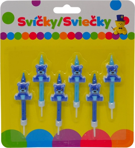 Urodzinowe świeczki z niebieskim misiem i uchwytem, 6 szt.
