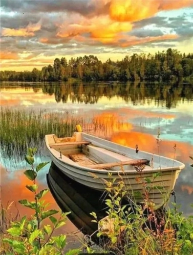 Diamentowe malowanie łódka na jeziorze 30 × 40 cm