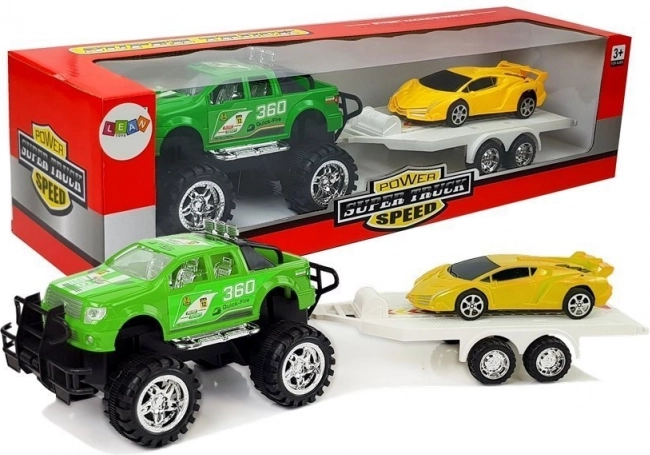 Zestaw pojazdów – żółty samochód sportowy, zielony samochód terenowy z napędem ciernym