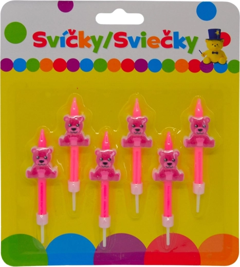 Urodzinowe świeczki z różowym misiem na uchwycie, 6 szt.