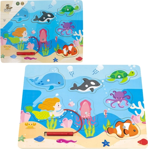 Babu drewniane puzzle z magnetyczną wędką morski świat