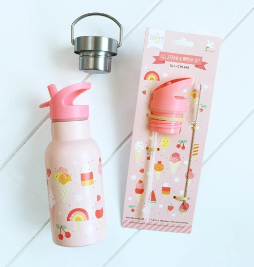 A Little Lovely Company zestaw zakrętki, szczoteczki i słomki do butelki ze stali nierdzewnej 350 ml – Lody