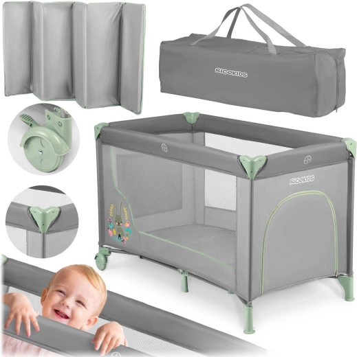 Łóżeczko turystyczne dla dzieci Kikkids szaro‑miętowe 125 × 65 × 78 cm z materacem i torbą