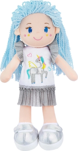 Lalkowa lalka z niebieskimi włosami i jednorożcem