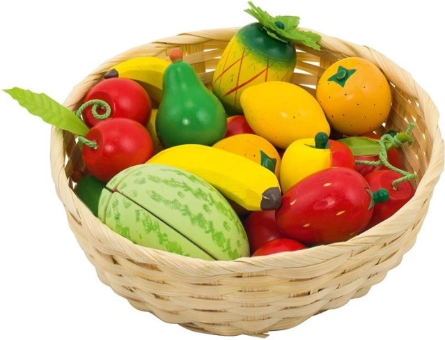 Drewniane owoce w koszyku – zestaw 23 szt.