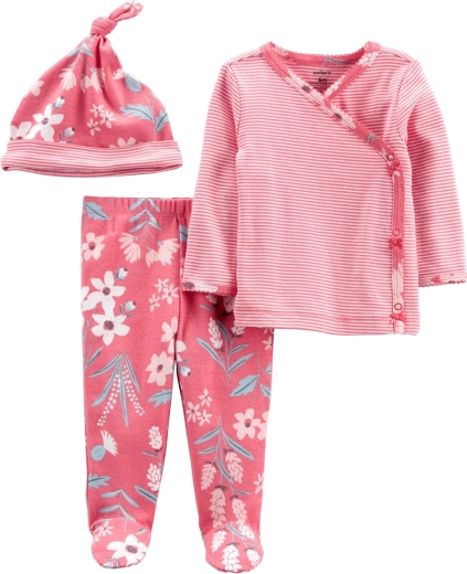 Carter’s dziewczęcy zestaw Pink Flower – kopertowe body z długim rękawem, półśpiochy i czapka